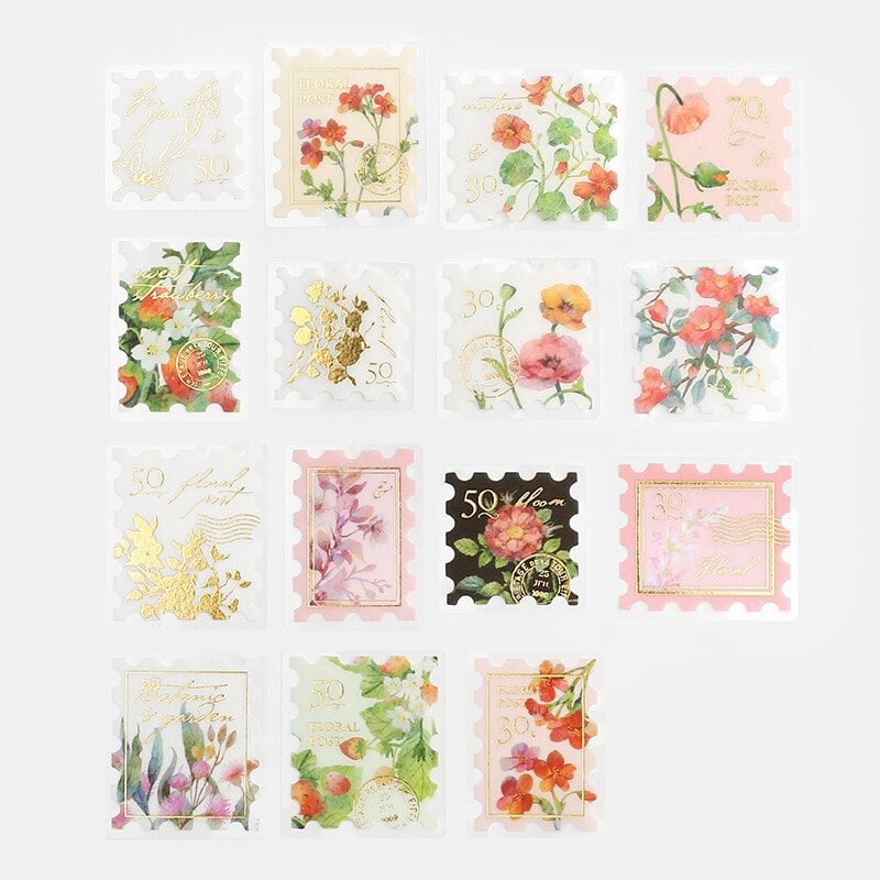 Pink - Red BGM Botanical Stamp Stickers - Foil - Flowers - Postage - Japanese