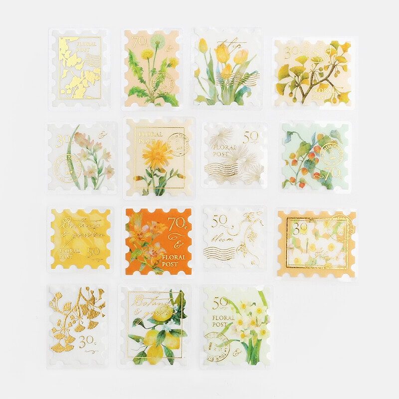Yellow Orange BGM Botanical Stamp Stickers - Foil - Flowers - Postage - Japanese