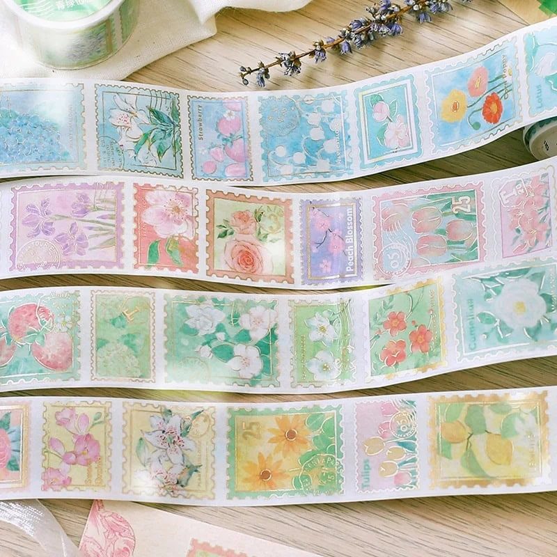 Wide Flower Stamp Washi Tape With Gold Foil - Pastel Flower Stamp Washi Tape