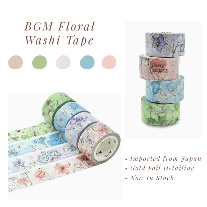 BGM Floral Washi Tape - 4 Beautiful Styles - Gold Foil - Imported From Japan - Blue - Purple - Pink - Green - Aesthetic Flower Design